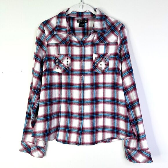 Crown Of Hearts Top Women L Blue Pink Plaid Flannel Shirt Cotton Cottage Studded - Picture 1 of 8